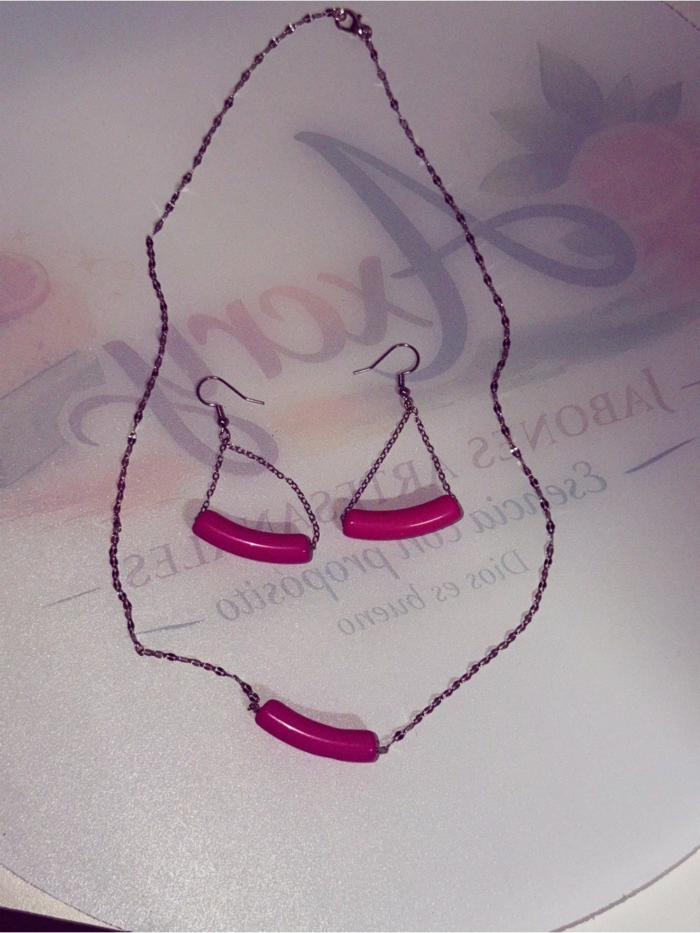 Bright Pink Bar Necklace and Earring Set - Women Jewelry